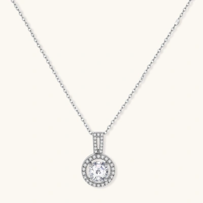 Platinum-plated sterling silver necklace with round halo pendant featuring central crystal surrounded by smaller stones
