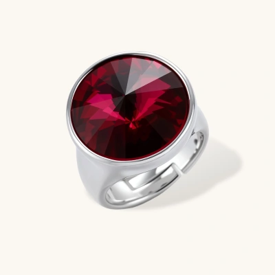 Large burgundy zirconia stone in sleek palladium-plated bezel setting on white background, showing brilliant faceted cut.