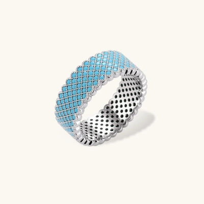 Wide platinum-plated copper ring featuring turquoise zirconia stones arranged in precise geometric grid pattern.