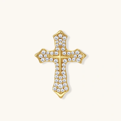 Gold-plated cross brooch with pavé-set clear zircon crystals in traditional flared design on neutral background.