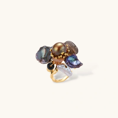 Adjustable gold-plated ring featuring clustered dark baroque pearls in organic arrangement on white background.