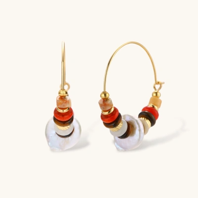 18k gold-plated earrings featuring baroque pearls and colorful natural stones in a stacked design on cream background.