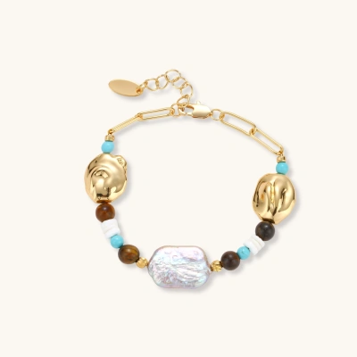 Gold-plated bracelet with baroque pearl centerpiece, turquoise and amber natural stones on adjustable chain against white background.