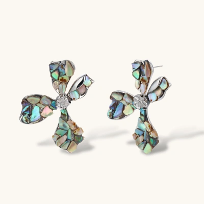 Cross-shaped stud earrings with iridescent abalone shell mosaic in blues and greens, silver-plated setting with crystal center