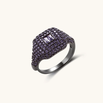 Bold adjustable ring with purple zirconia stones in dense pavé setting on dark gunmetal plated copper band