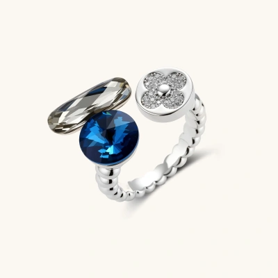 Adjustable coffee gold ring with blue and clear zirconia stones plus crystal flower disc on twisted band