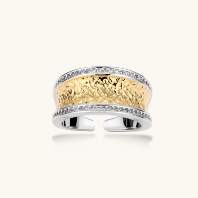 Wide two-tone ring with gold center band featuring intricate patterns and crystal accents on silver borders