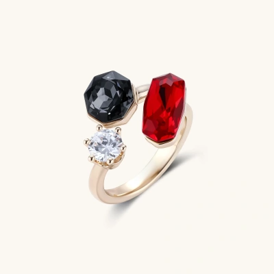 Adjustable ring with black, red, and clear zircon stones in coffee gold plated copper setting against neutral background.