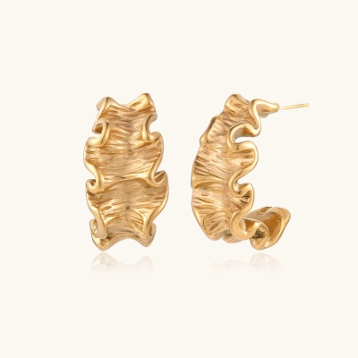Sculptural gold hoops with textured wave patterns and rippled surface in 14K plating, shown from front and back angles