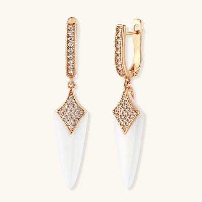 Rose gold huggie drop earrings with pave zircon diamond-shaped tops and white ceramic spike pendants.