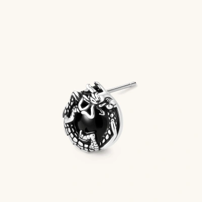 Silver stainless steel stud earring with coiled dragon motif wrapped around a black stone, shown from front and side.