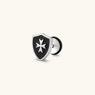Silver stainless steel shield-shaped stud earring with black enamel and raised Maltese cross, rubber-secured backing.