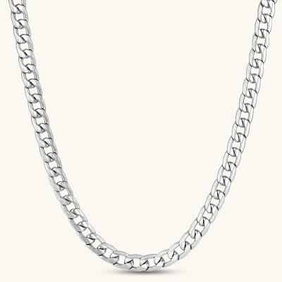 Silver 316L stainless steel carved curb chain necklace with lobster clasp and extender, 7.2mm wide, on cream background.
