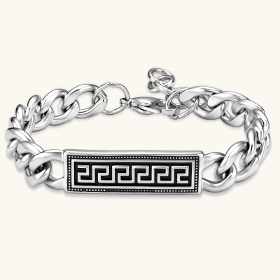 Silver 316L stainless steel curb chain bracelet with black Greek key meander rectangular ID plate, adjustable lobster clasp.