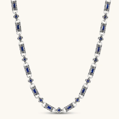 Oxidized silver 316L stainless steel chain necklace with rectangular navy CZ links and ornate gothic connector pieces, 640mm.