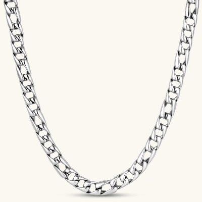 Polished 316L stainless steel Cuban link chain necklace, 9.6mm wide, with Greek key lobster clasp, silver tone.