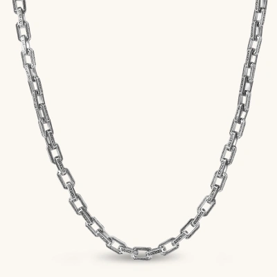 Silver 316L stainless steel rectangular link chain necklace with intricate scroll engravings, 560mm length, 7.1mm width.