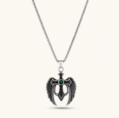 Silver stainless steel angel wing cross pendant necklace with green CZ center stone and black crystals on a box chain.