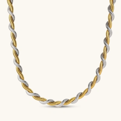 Two-tone twisted necklace with interlocked gold and silver ribbed snake chains, 6mm wide, on a white background.