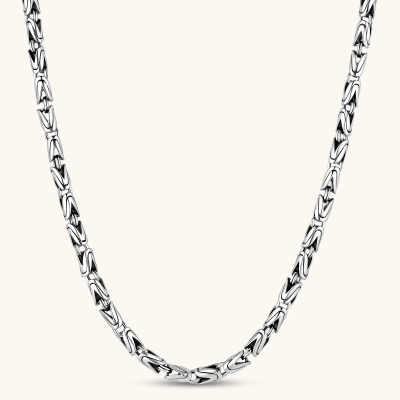 Men's antique silver Byzantine chain necklace, 6.2mm wide interlocking S-link pattern with ornate lobster clasp, 560mm length.