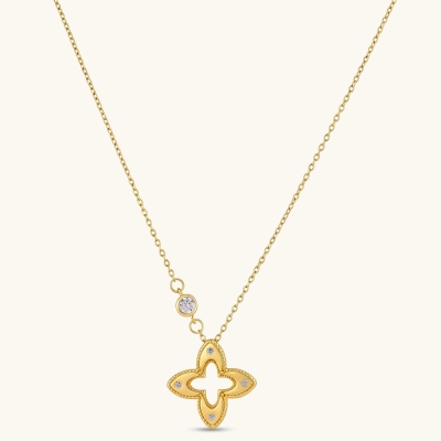 18K gold-plated 925 silver necklace with open four-petal flower pendant, CZ accents, bezel-set stone on chain, white background.