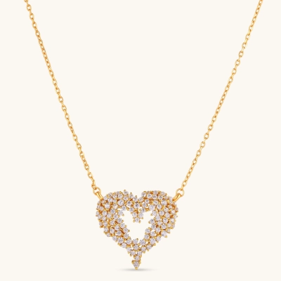 18K gold-plated 925 silver open heart pendant necklace with scattered cubic zirconia stones on a fine cable chain.