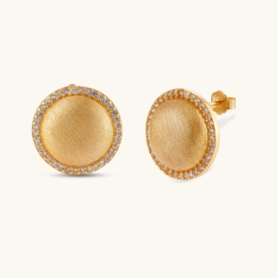 Pair of round dome stud earrings in brushed 18K gold-plated silver with a sparkling CZ halo border, push-back closure.