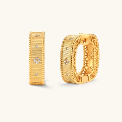 Square huggie hoop earrings in 18K gold-plated silver with ribbed texture, rope borders, floral CZ clusters, and filigree inner lace.