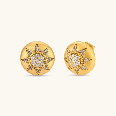 Round domed gold-plated stud earrings with brushed finish and an 8-point star paved in cubic zirconia stones.