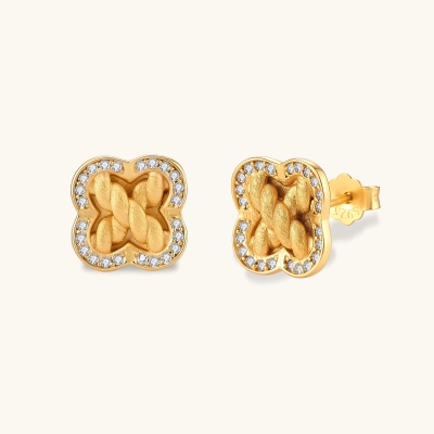 Gold-plated 925 silver clover stud earrings with brushed braid center and CZ stone border, 12mm, push-back closure.