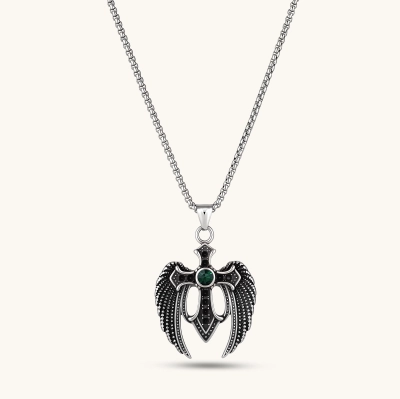 Silver stainless steel angel wing cross pendant necklace with green CZ center stone and black crystals on a box chain.