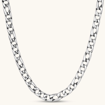 Polished 316L stainless steel Cuban link chain necklace, 9.6mm wide, with Greek key lobster clasp, silver tone.