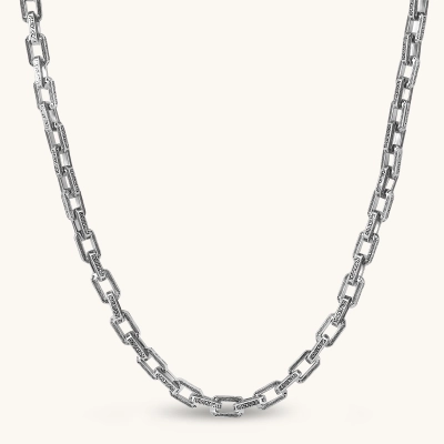 Silver 316L stainless steel rectangular link chain necklace with intricate scroll engravings, 560mm length, 7.1mm width.