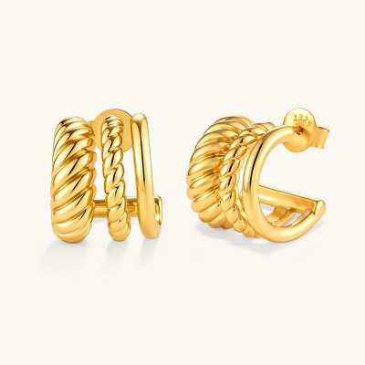 Gold-plated sterling silver triple hoop huggie earrings with rope-twist and smooth band details, shown from front and side.