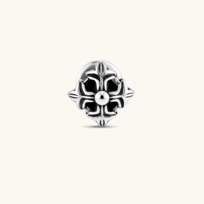 Front view of a 925 sterling silver gothic floral stud earring with oxidized petal detailing and a central dome bead.