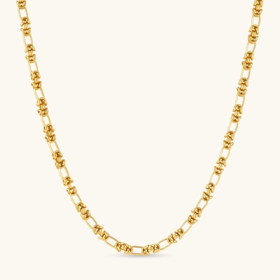 24K gold-plated 925 sterling silver figaro-style chain necklace with chunky interlaced knot links, lobster clasp closure.