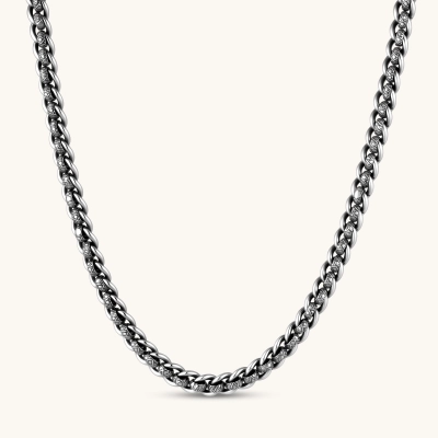 Oxidized 925 sterling silver curb chain necklace with cross-hatch engraved links and fleur-de-lis hook clasp, 550mm length.