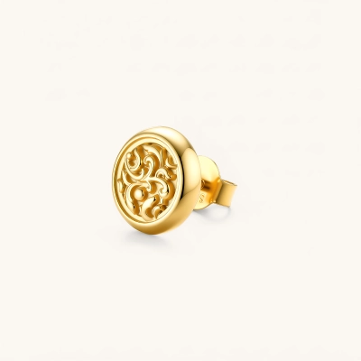Side view of a round gold stud earring with raised baroque scroll engraving, domed border, and butterfly push-back closure.