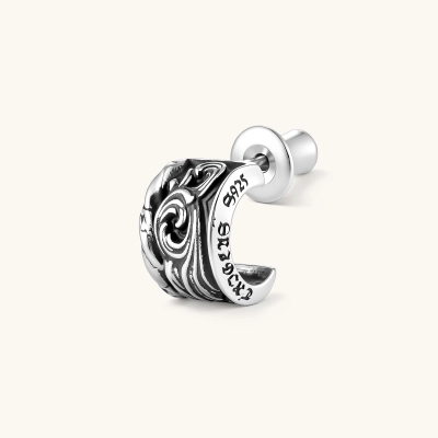 925 sterling silver hoop stud earring with dark baroque scroll engravings and gothic lettering, screw-back post.