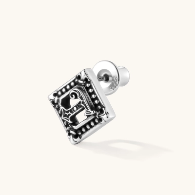 Square 925 sterling silver stud earring with oxidized Gothic letter, ornate dot border, fleur-de-lis corners, butterfly back.