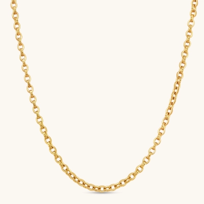 24K gold plated oval cable chain necklace with engraved links and cylindrical barrel clasp, 650mm length.