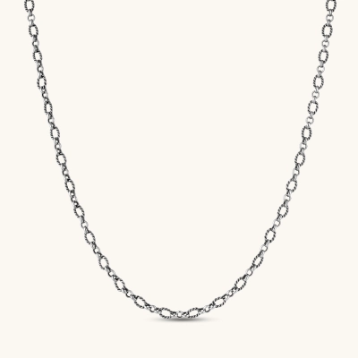 Oxidized 925 sterling silver necklace with alternating twisted oval and round links, lobster-claw clasp, 550mm length.