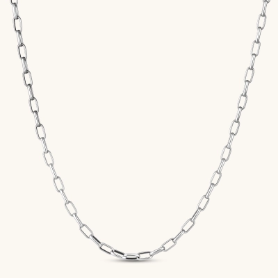 Polished 925 sterling silver paperclip link chain necklace, 3.7mm wide, with lobster clasp, on cream background.