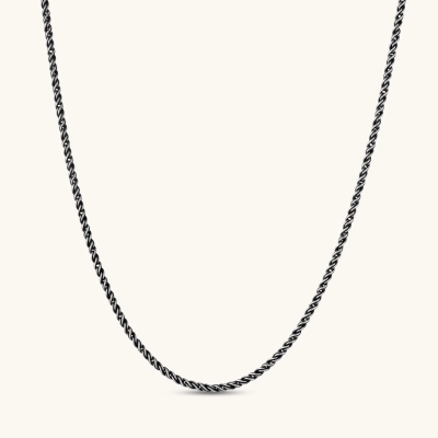 Oxidized 925 sterling silver rope chain necklace, 2.1mm width, carabiner clasp with brand stamp, on cream background.