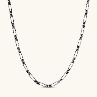 Oxidized 925 sterling silver necklace with alternating Byzantine knot links and elongated rectangular links, 550mm.