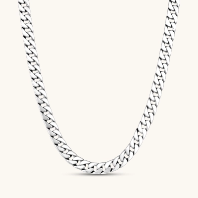 Polished 925 sterling silver Cuban link chain necklace, 550mm length, shown flat and draped on cream background.