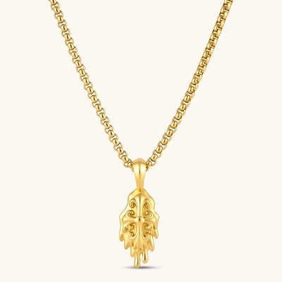 Gold 24K-plated 925 silver dripping cross pendant with baroque scroll detail on a box chain, 34mm length.