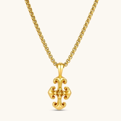 Gold-plated 925 silver fleur-de-lis cross pendant with ornate scrollwork center on a box chain necklace.