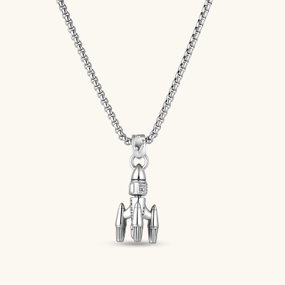 925 sterling silver rocket pendant with bullet-tip nose cone, ribbed boosters, and three fins on a box chain.