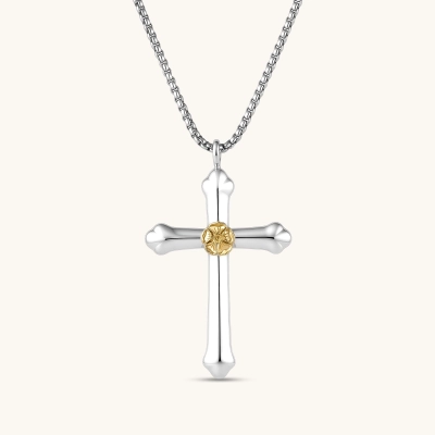 Sterling silver cross pendant with gold Luther rose center detail on a box chain, 71mm length, white background.